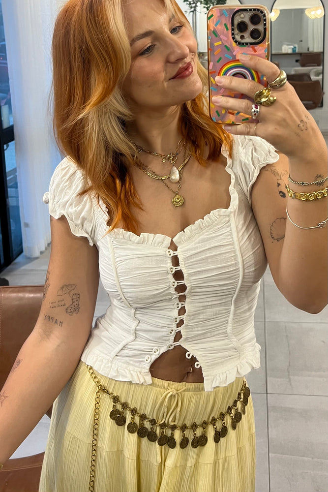 Indikah White Ruffle Button Up Top