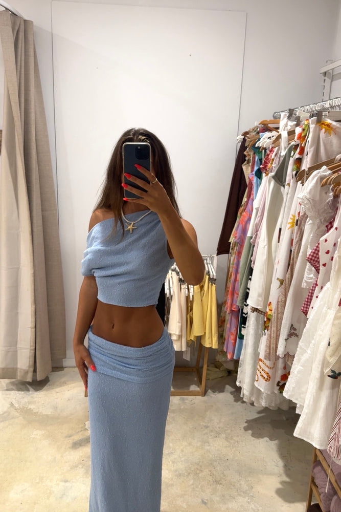 Here Comes the Sun Light Blue Textured Maxi Skirt