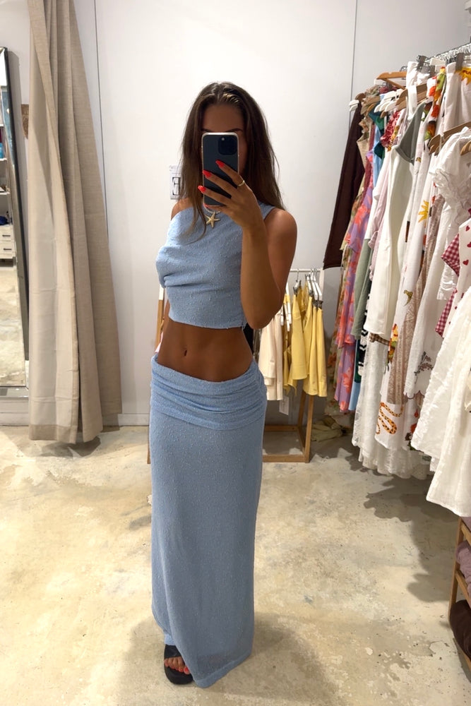 Here Comes the Sun Light Blue Textured Maxi Skirt