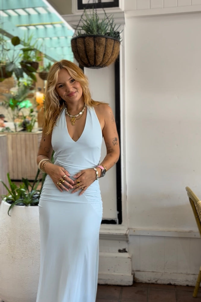 Saints & Secrets Light Blue Mesh Halter Maxi Dress