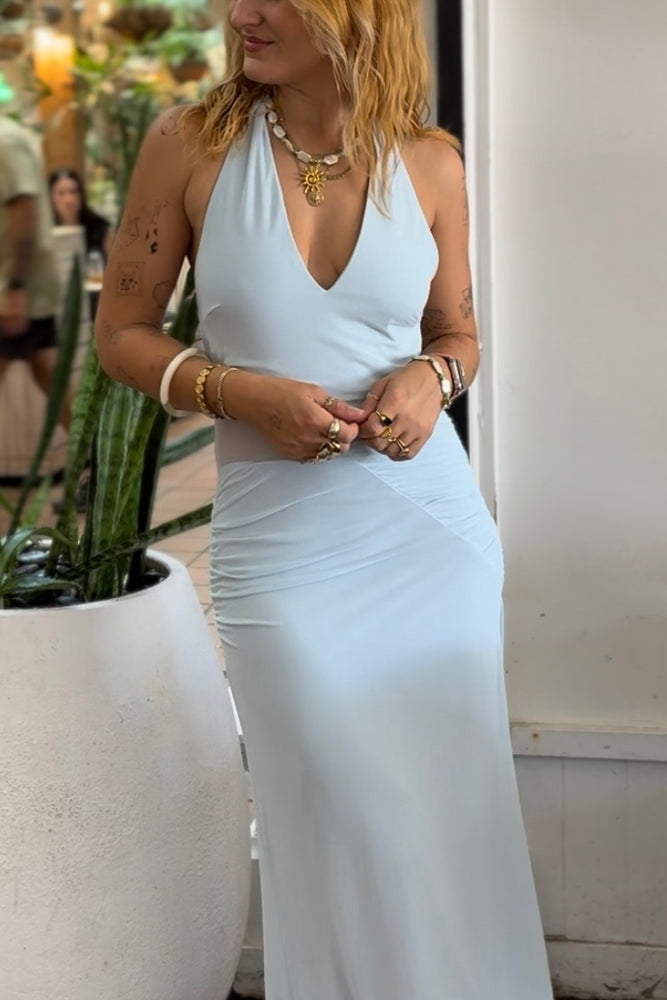 Saints & Secrets Light Blue Mesh Halter Maxi Dress