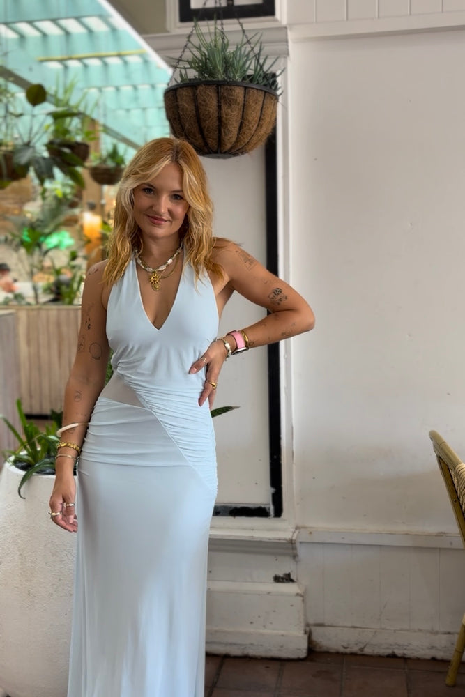 Saints & Secrets Light Blue Mesh Halter Maxi Dress