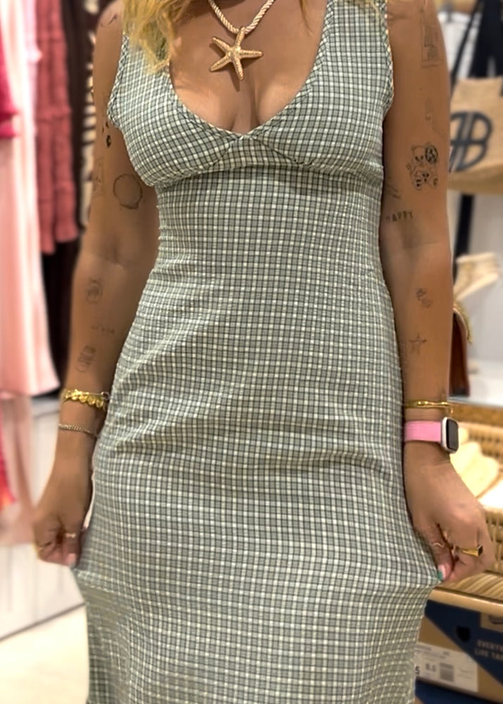 Pink Diamond Midi Dress Green Check V neck