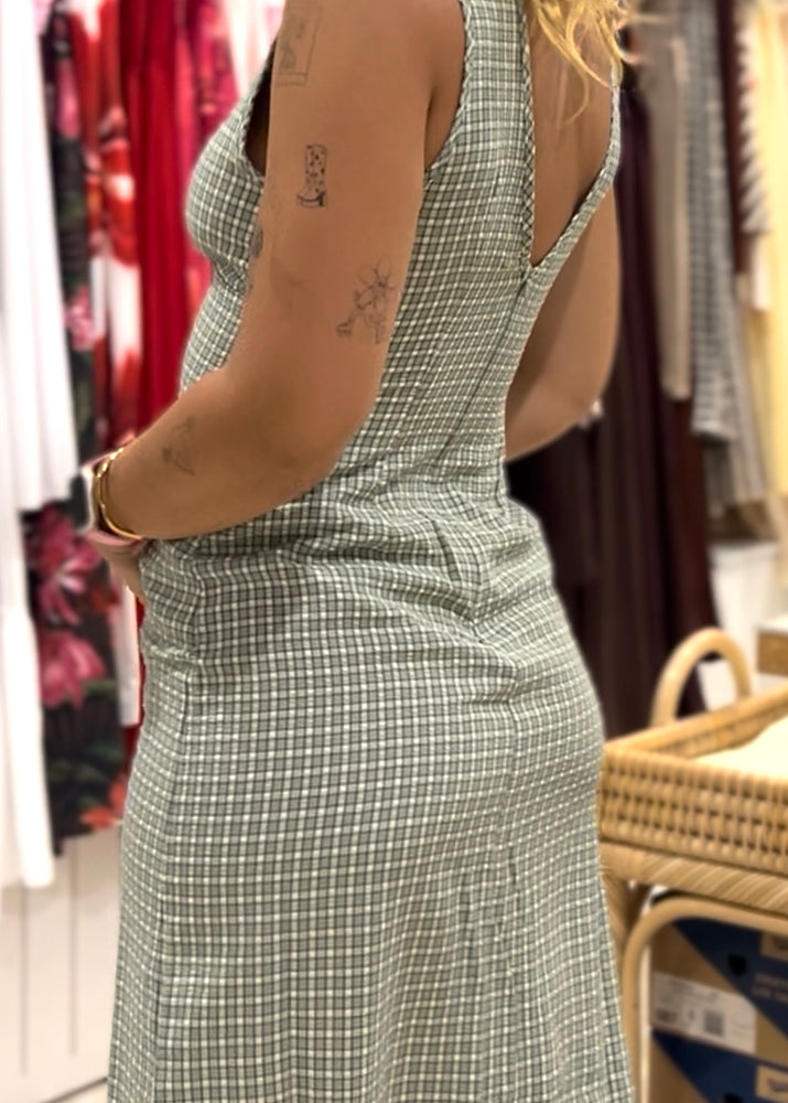 Pink Diamond Midi Dress Green Check V neck