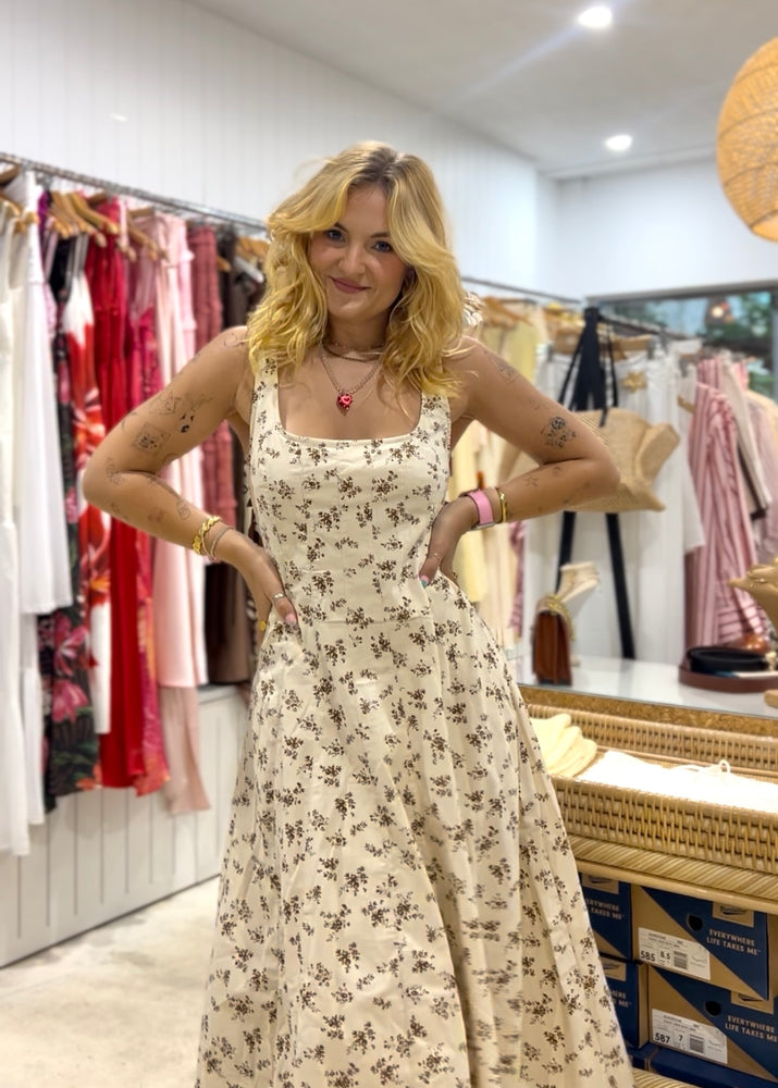 Pink Diamond Midi Dress Beige Floral