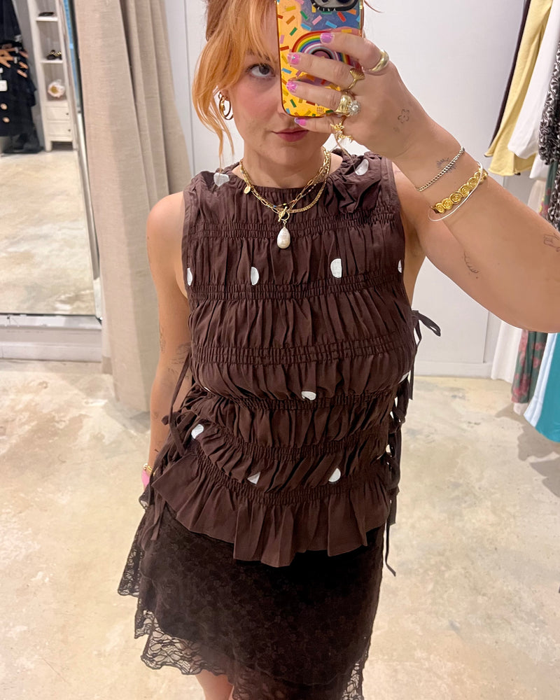 By Frankie Choc Polka Dot Ruched Side Tie Top