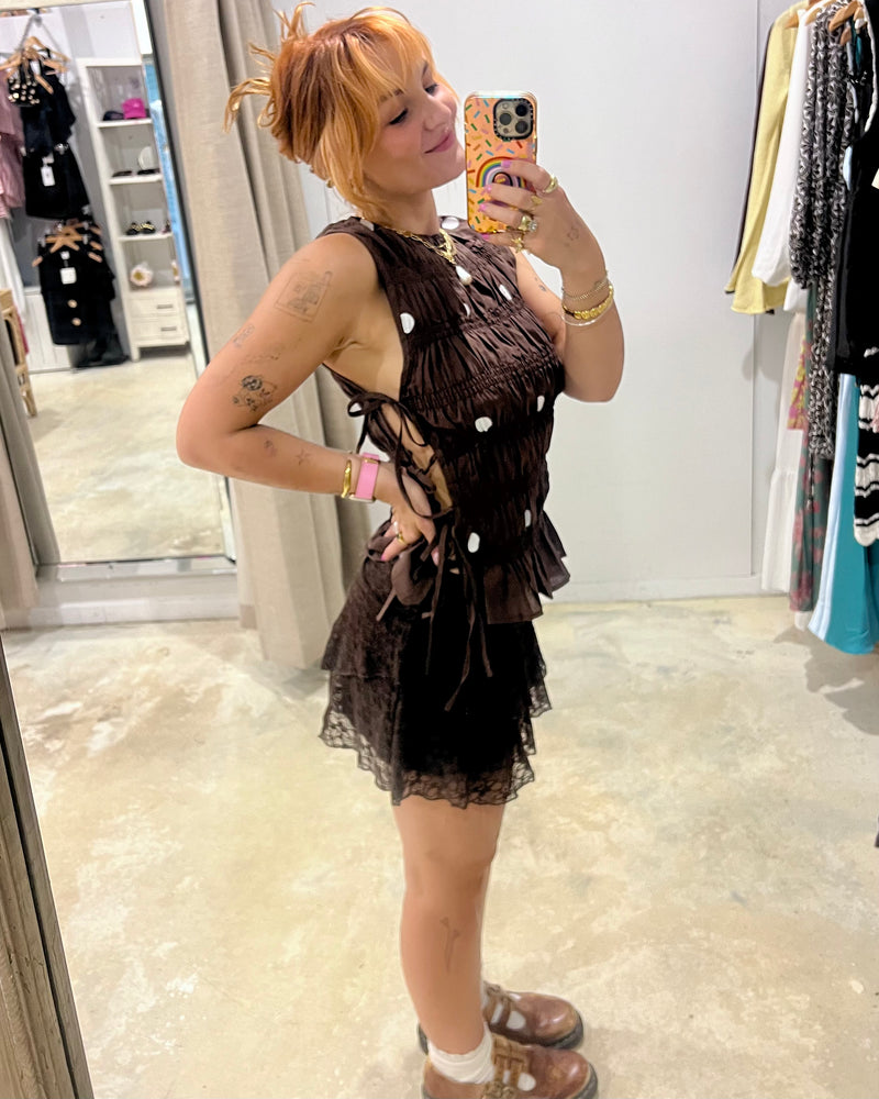 By Frankie Choc Polka Dot Ruched Side Tie Top