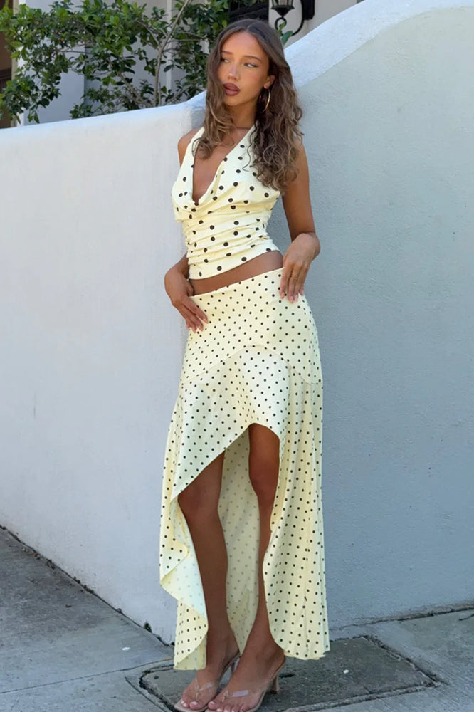 MELODY FLOUNCE MIDI SKIRT - LEMON/CHOC POLKA